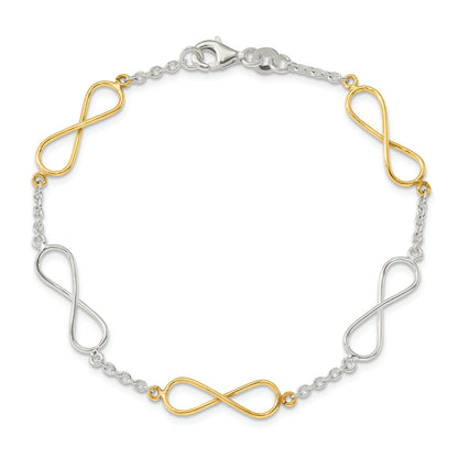7.5 Inch Sterling Silver Polished Flash Gold Infinity Symbol Bracelet