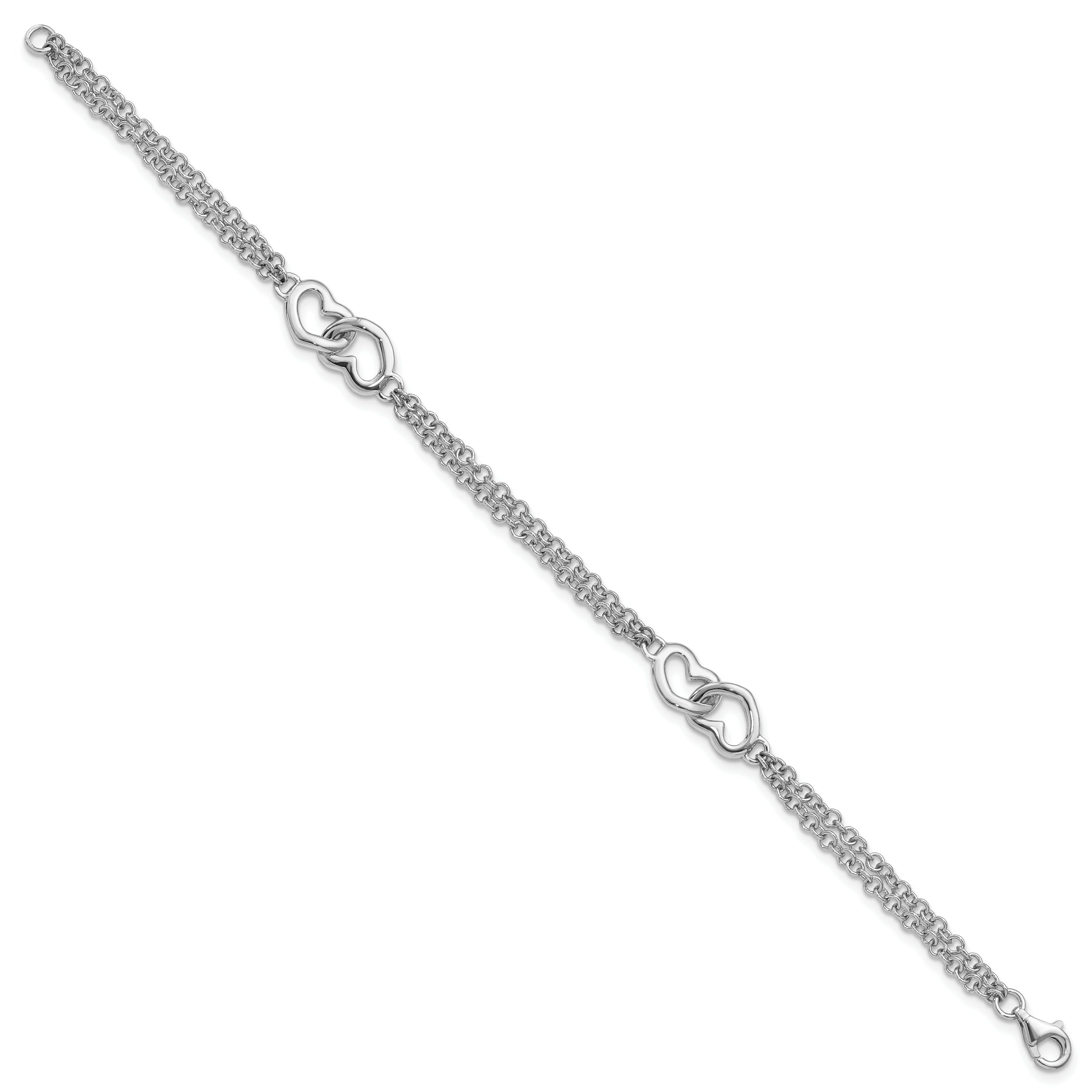 7 Inch Sterling Silver Rhodium-Plated Hearts Double Chain Bracelet