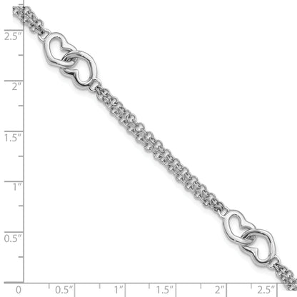 7 Inch Sterling Silver Rhodium-Plated Hearts Double Chain Bracelet