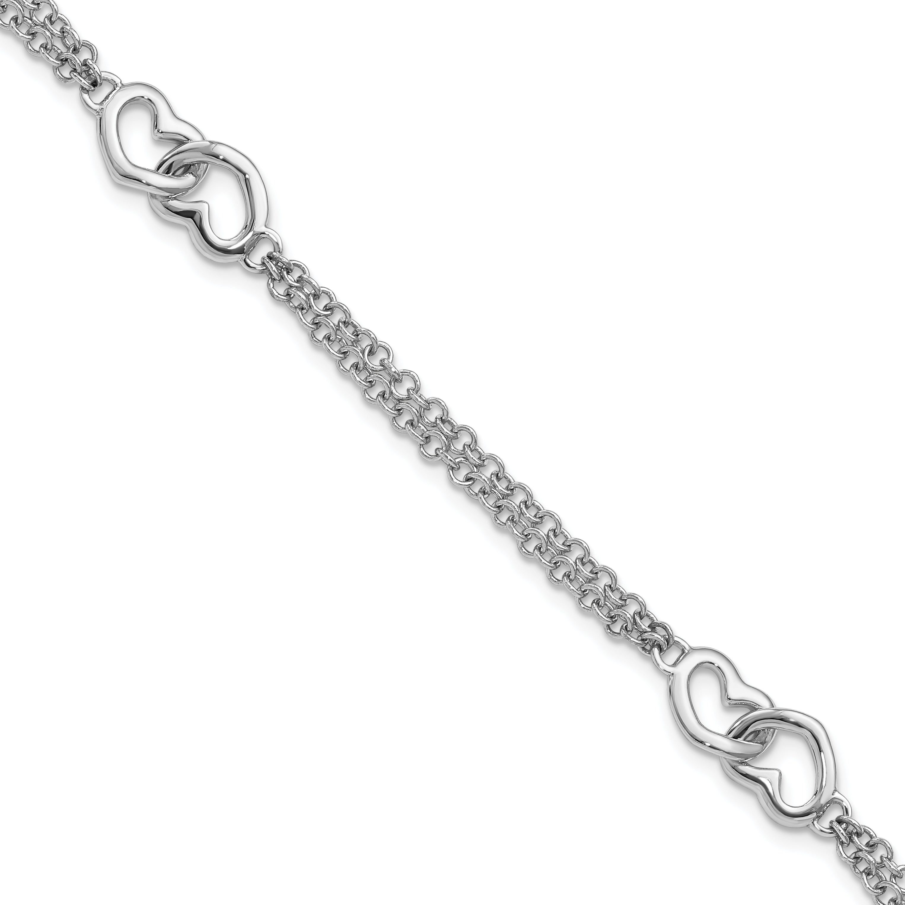 7 Inch Sterling Silver Rhodium-Plated Hearts Double Chain Bracelet