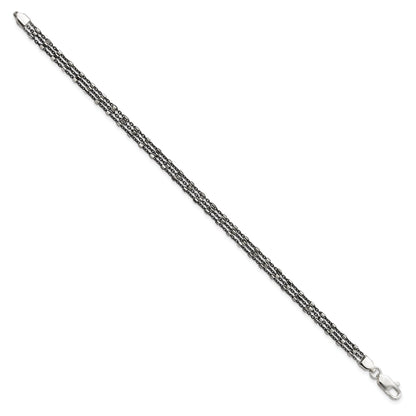 7.5 Inch Sterling Silver Ruthenium-Plated Multi-Chain 3 Strand Bracelet