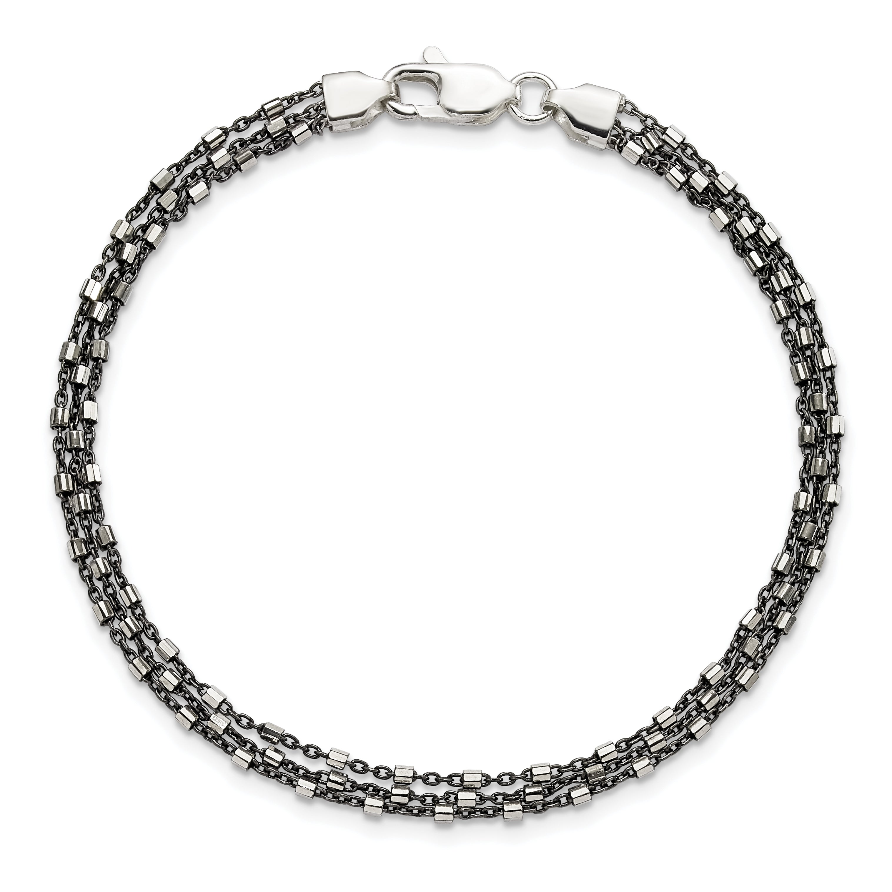 7.5 Inch Sterling Silver Ruthenium-Plated Multi-Chain 3 Strand Bracelet