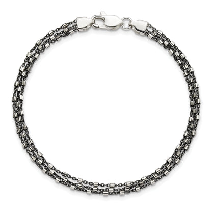 7.5 Inch Sterling Silver Ruthenium-Plated Multi-Chain 3 Strand Bracelet