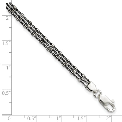 7.5 Inch Sterling Silver Ruthenium-Plated Multi-Chain 3 Strand Bracelet