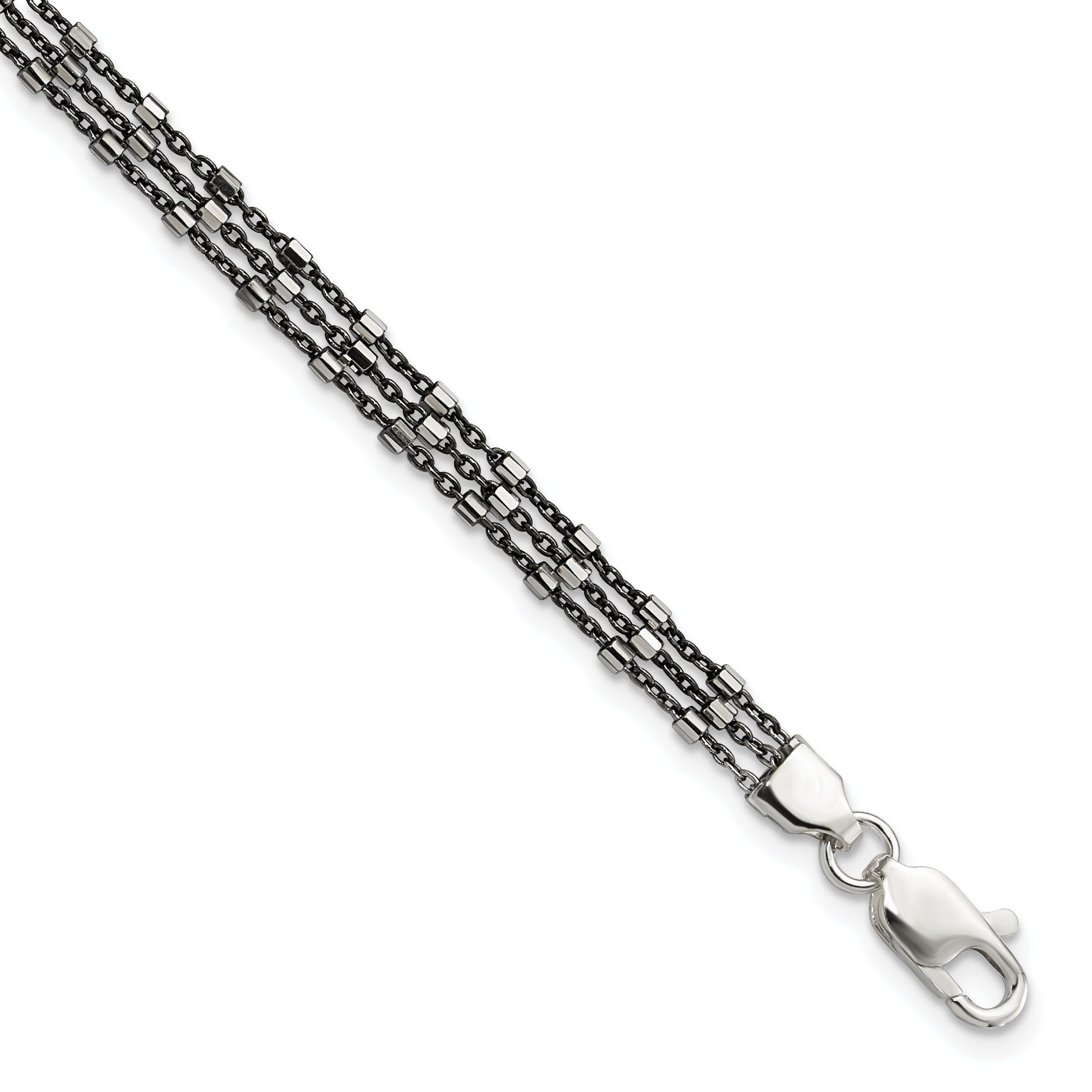 7.5 Inch Sterling Silver Ruthenium-Plated Multi-Chain 3 Strand Bracelet