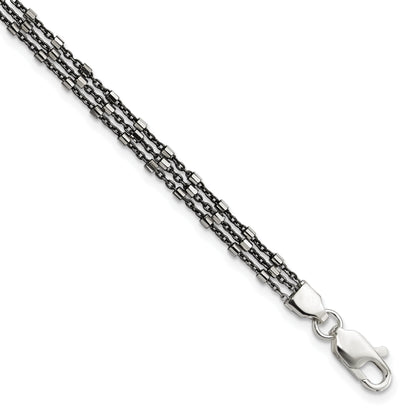 7.5 Inch Sterling Silver Ruthenium-Plated Multi-Chain 3 Strand Bracelet