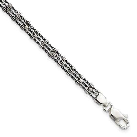 7.5 Inch Sterling Silver Ruthenium-Plated Multi-Chain 3 Strand Bracelet