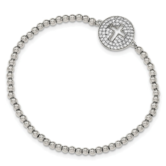 Sterling Silver Rhodium-Plated Cz Cross Polished Beaded Stretch Bracelet