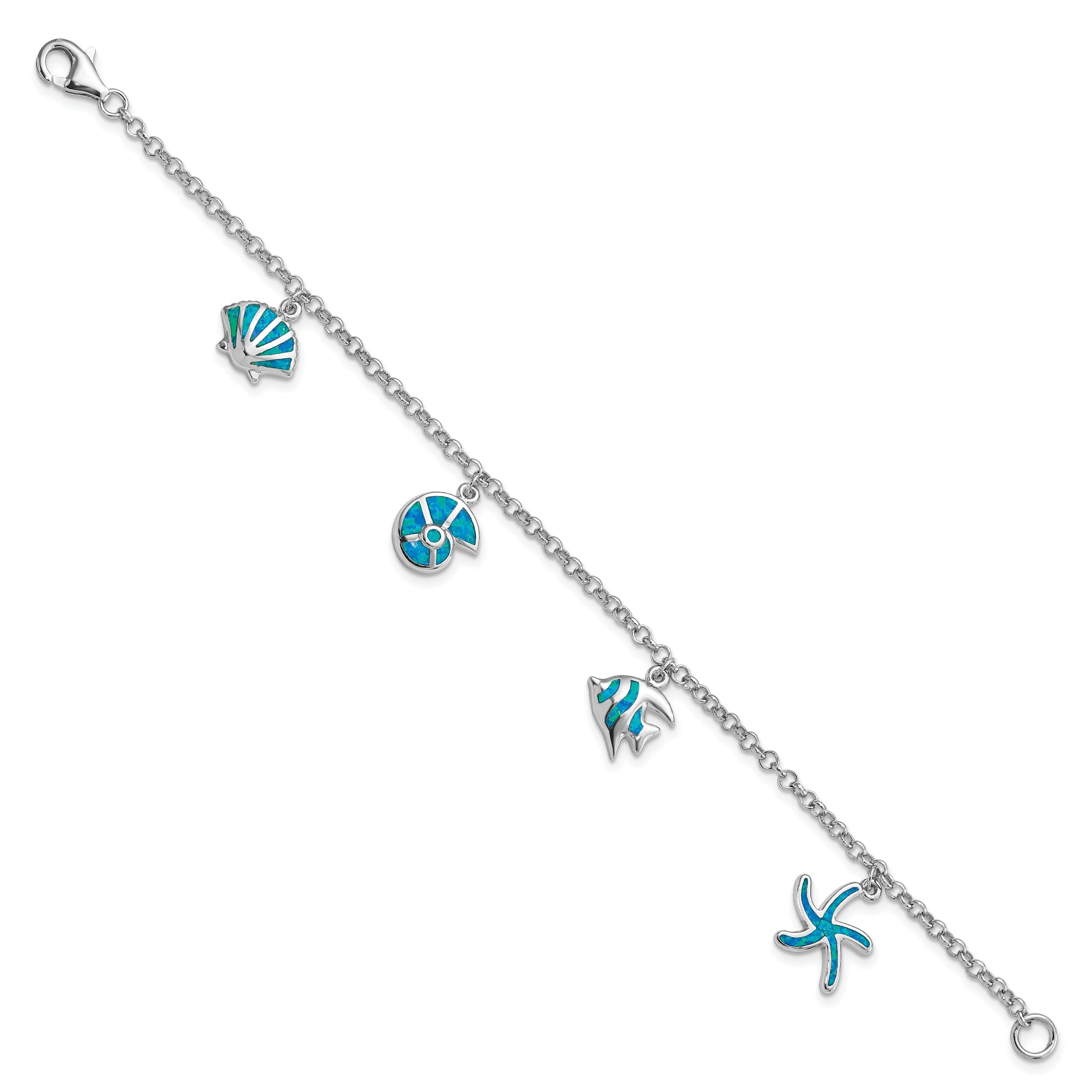 Sterling Silver Rhodium Created Opal Fish And Shells Charm 7.25 Inch Bracelet