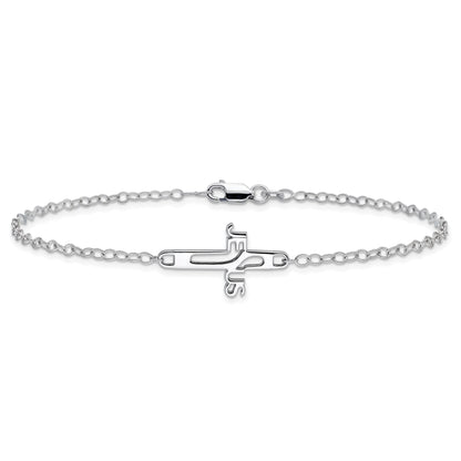 Sterling Silver Rhodium-Plated Jesus Cross Anklet