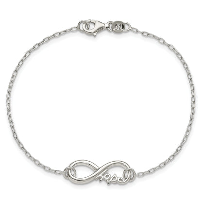 Sterling Silver Polished Infinity Sign W/Hope 7.5 Inch Bracelet