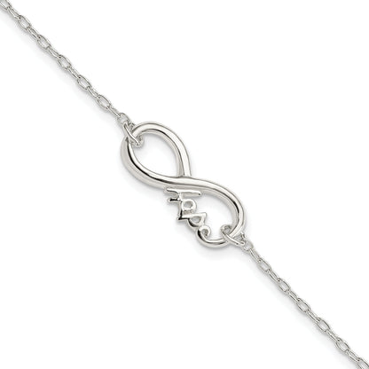 Sterling Silver Polished Infinity Sign W/Hope 7.5 Inch Bracelet