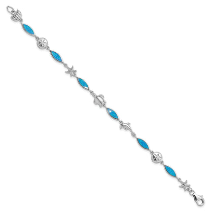 Sterling Silver Rhodium-Plated Lab Created Opal Sea Life 7 Inch Bracelet