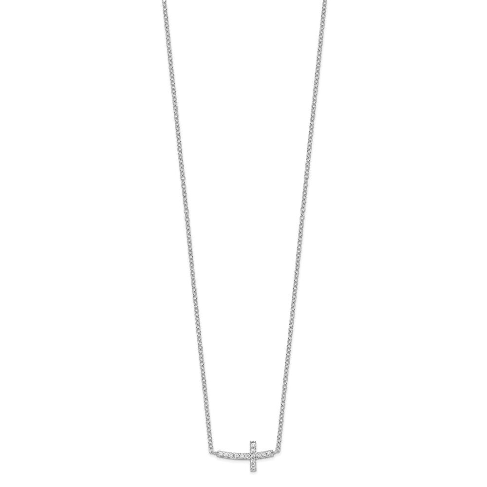 Sterling Silver Rhodium-Plated Cz Sideways Cross 16 Inch Necklace With 2 Extension