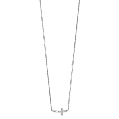 Sterling Silver Rhodium-Plated Cz Sideways Cross 16 Inch Necklace With 2 Extension