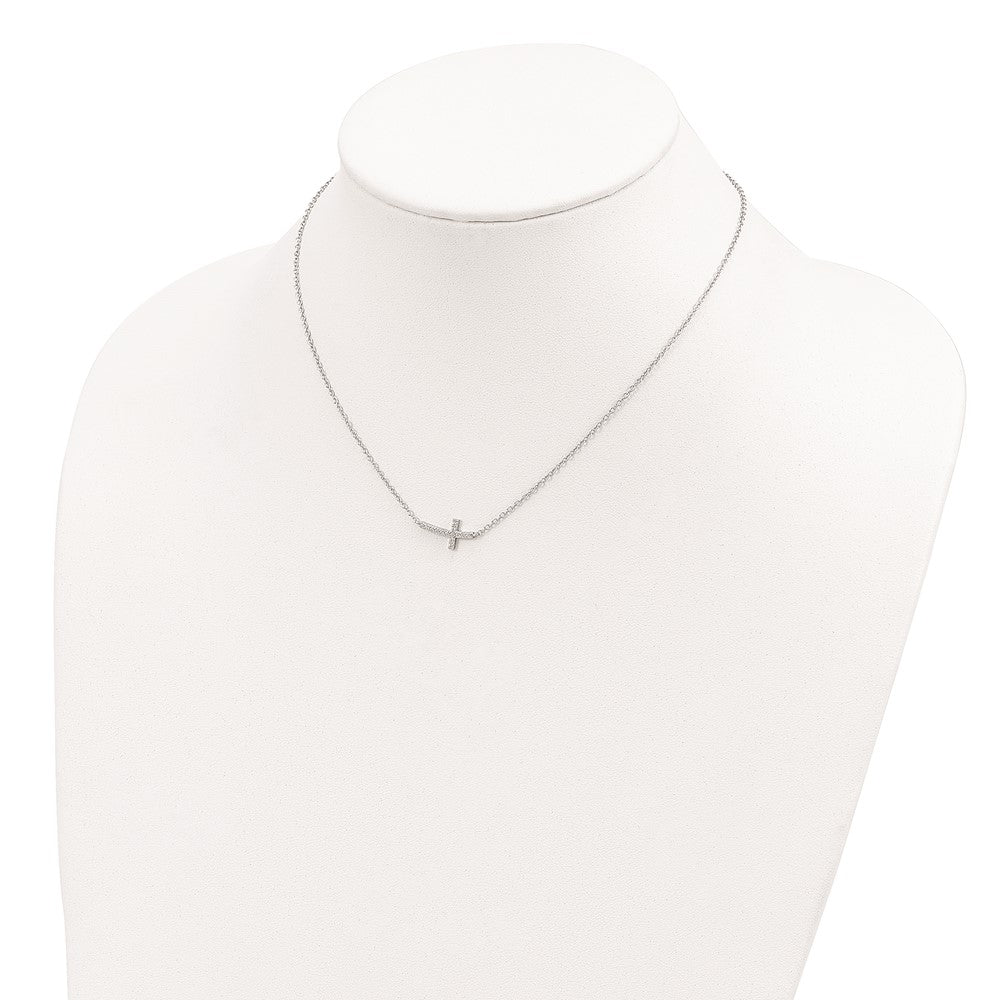 Sterling Silver Rhodium-Plated Cz Sideways Cross 16 Inch Necklace With 2 Extension