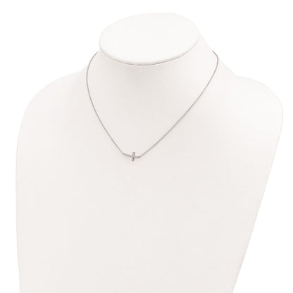 Sterling Silver Rhodium-Plated Cz Sideways Cross 16 Inch Necklace With 2 Extension