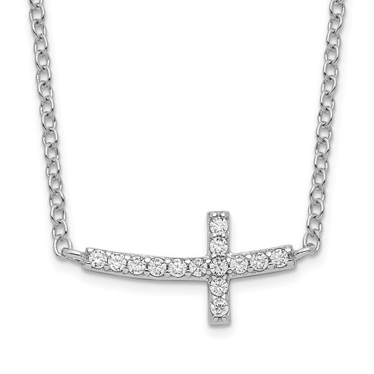 Sterling Silver Rhodium-Plated Cz Sideways Cross 16 Inch Necklace With 2 Extension
