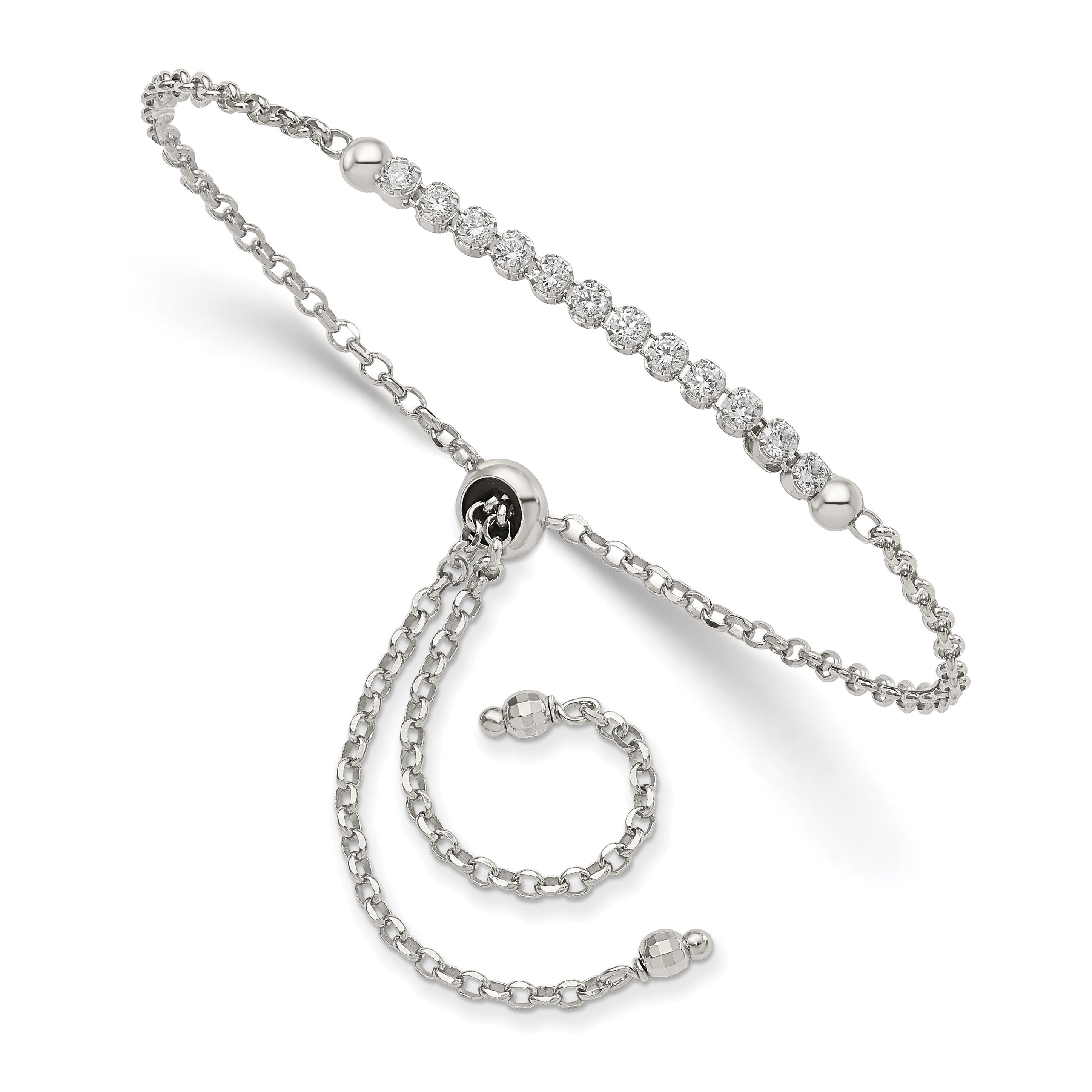 10 Inch Sterling Silver Rhodium-Plated Cz Adjustable Bracelet