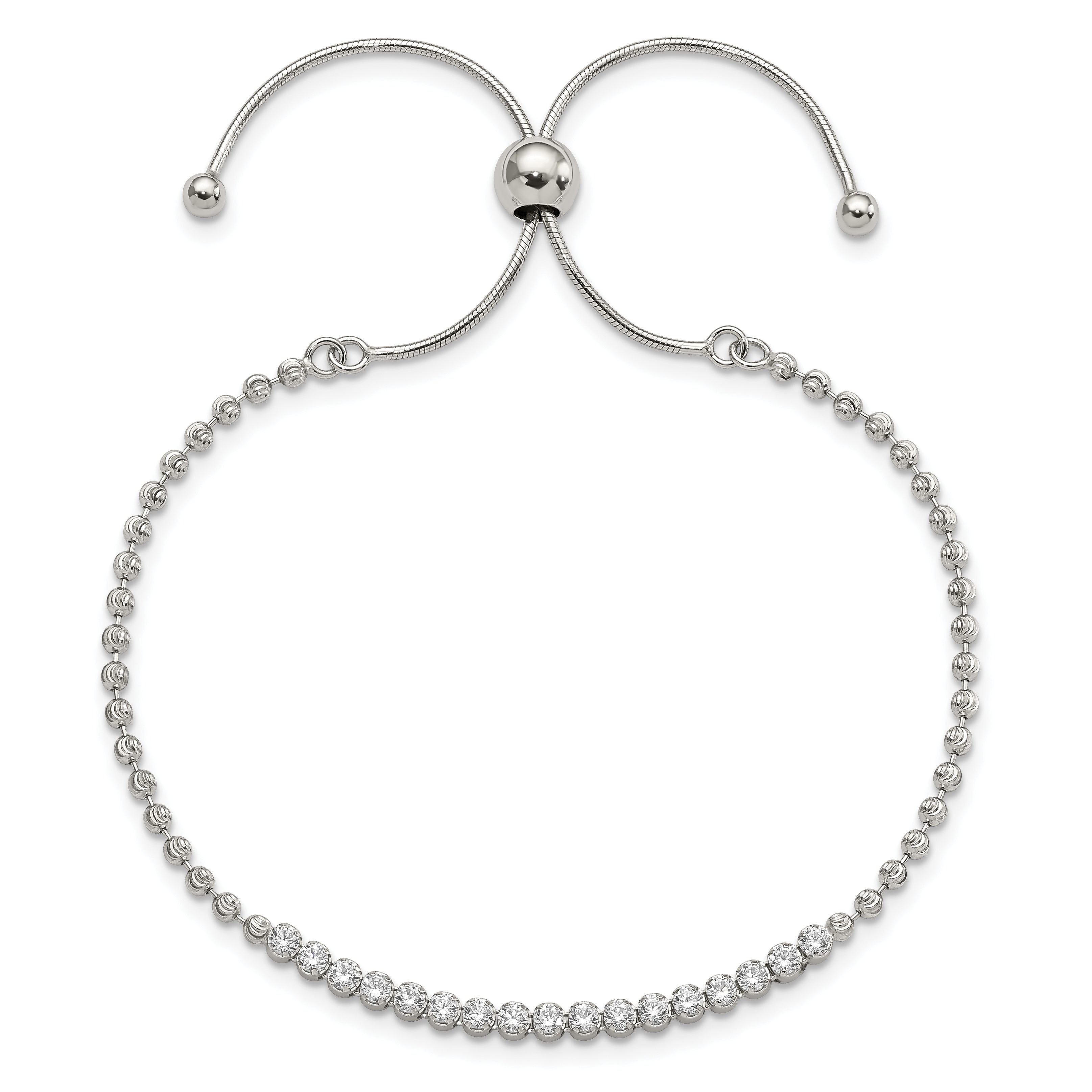 10 Inch Sterling Silver Rhodium-Plated Diamond-Cut Cz Adjustable Bracelet