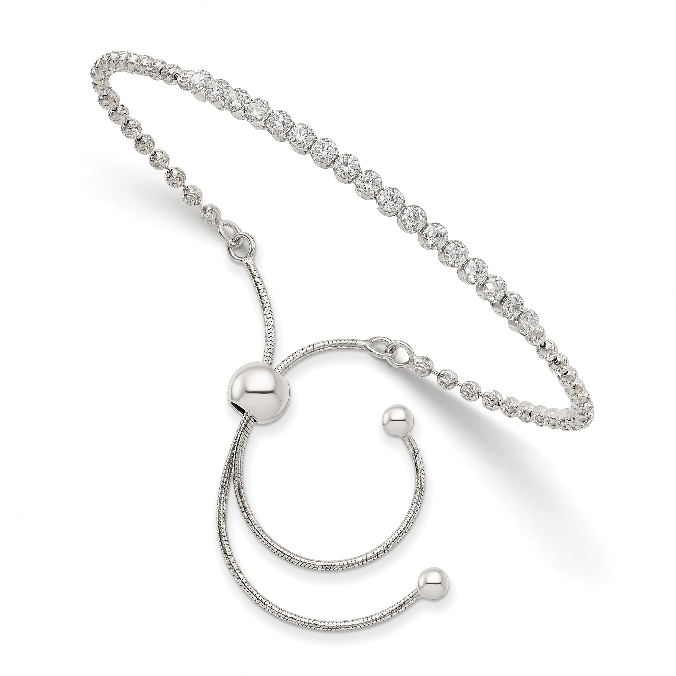 10 Inch Sterling Silver Rhodium-Plated Diamond-Cut Cz Adjustable Bracelet