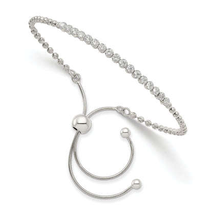 10 Inch Sterling Silver Rhodium-Plated Diamond-Cut Cz Adjustable Bracelet