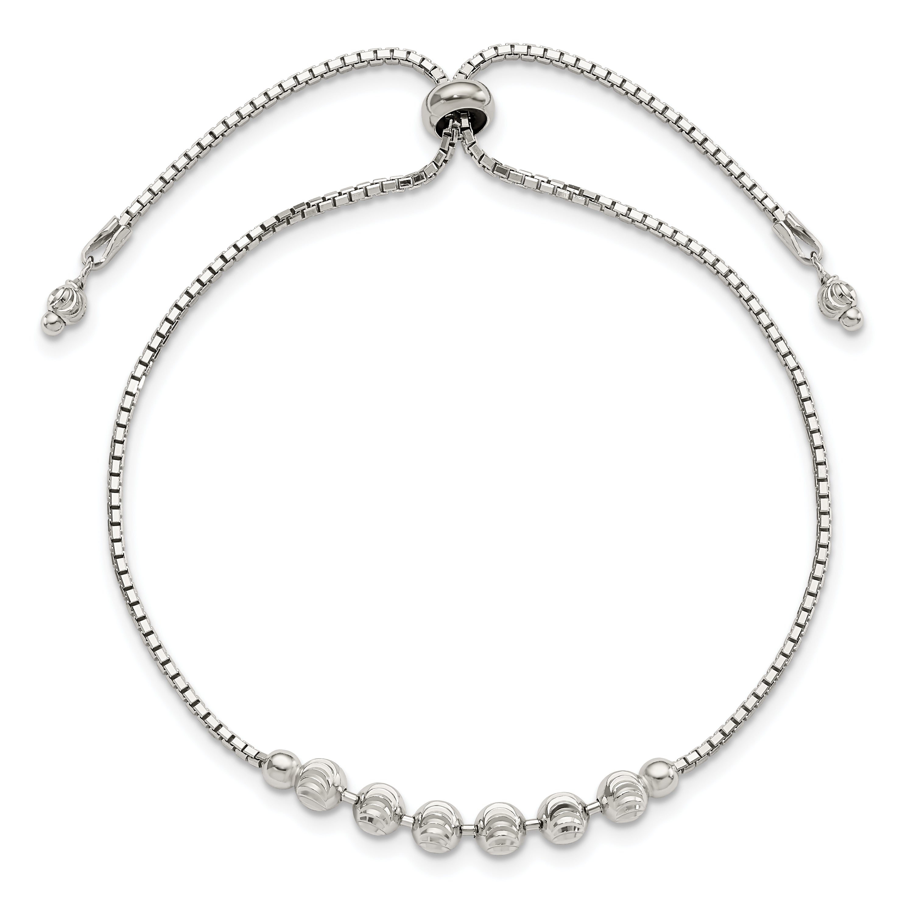 10 Inch Sterling Silver Rhodium-Plated Diamond-Cut Beaded Adjustable Bracelet