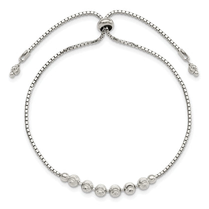 10 Inch Sterling Silver Rhodium-Plated Diamond-Cut Beaded Adjustable Bracelet