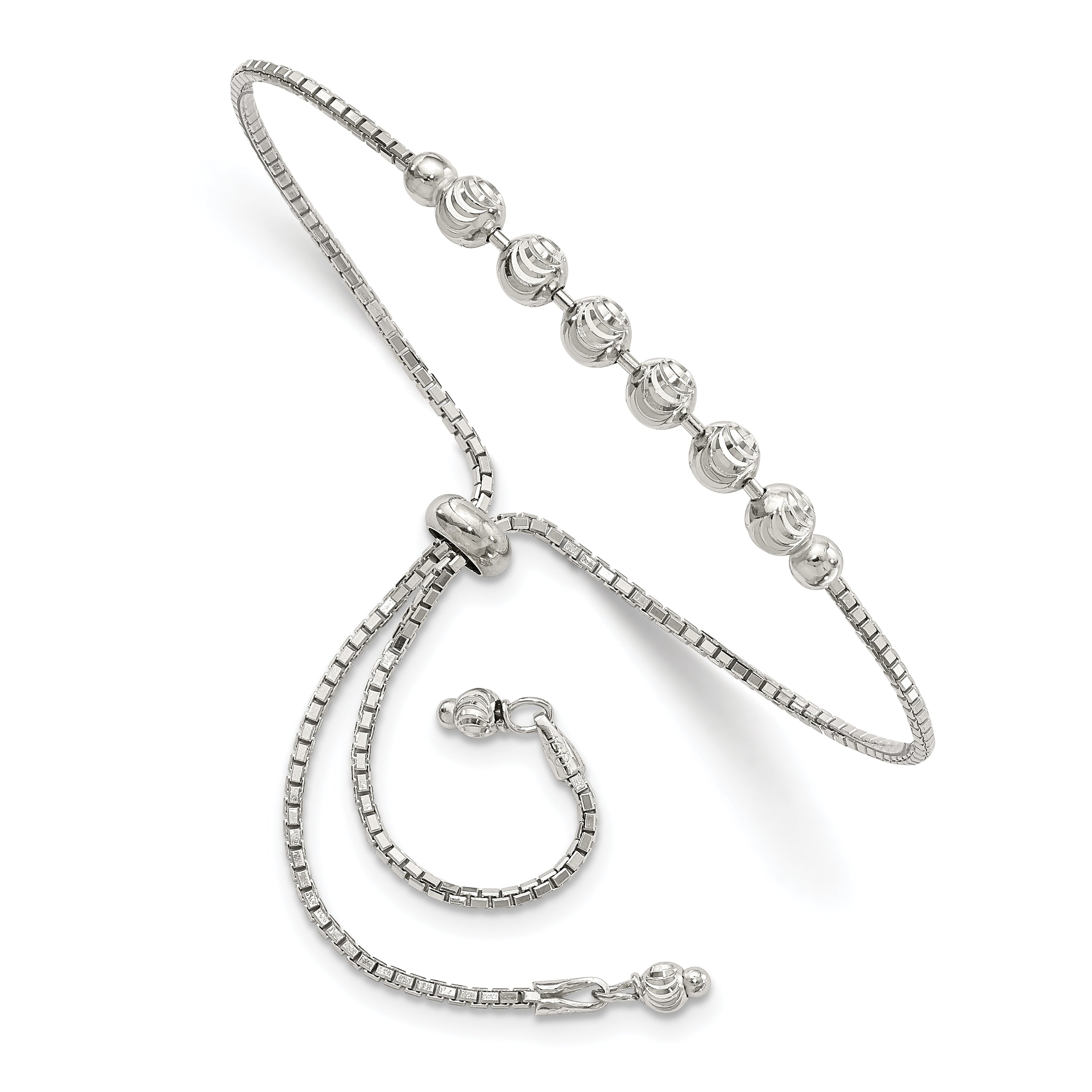 10 Inch Sterling Silver Rhodium-Plated Diamond-Cut Beaded Adjustable Bracelet