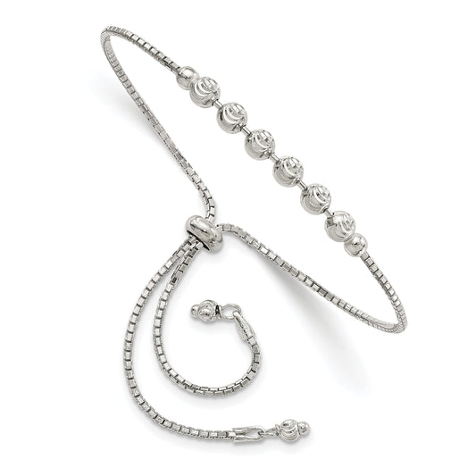 10 Inch Sterling Silver Rhodium-Plated Diamond-Cut Beaded Adjustable Bracelet