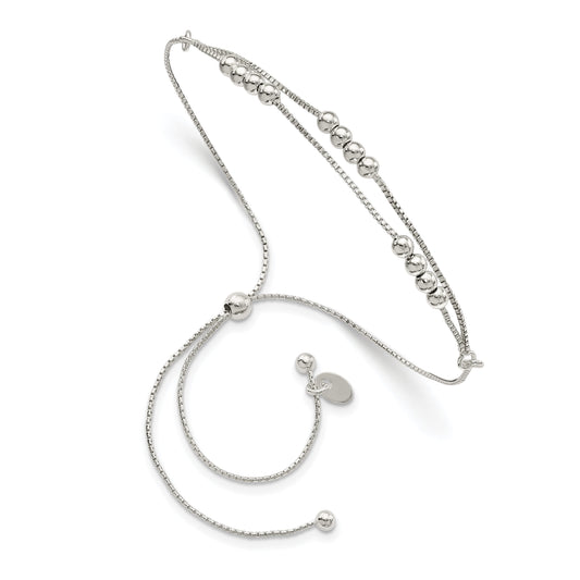 11 Inch Sterling Silver Polished Beaded 2-Strand Adjustable Bracelet