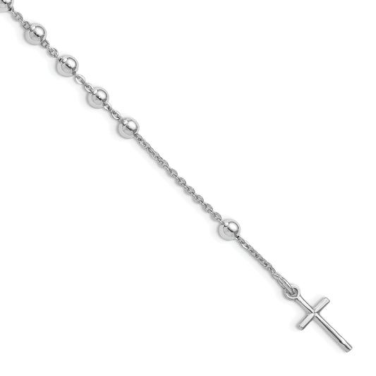7 Inch Sterling Silver Rhodium Plated Polished Beaded Cross Bracelet