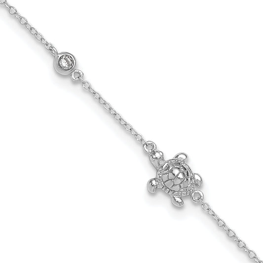 Sterling Silver Rhodium-Plated Polished Cz Turtle 9 Inch With A 2 Extention Anklet