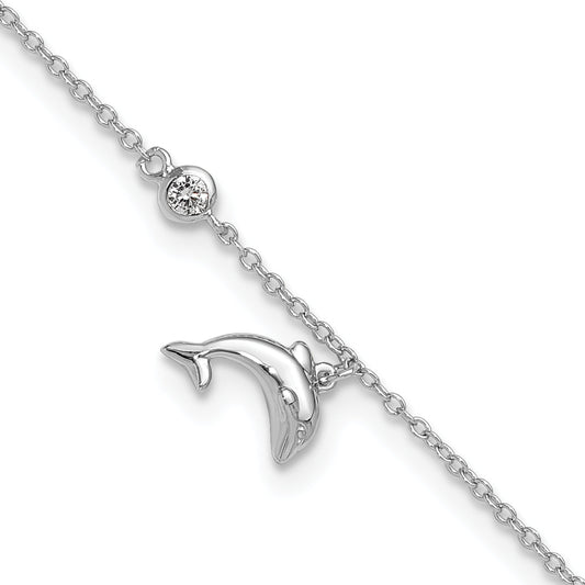 Sterling Silver Rhodium-Plated Polished Cz Dolphin 9 Inch With A 2 Extention Anklet