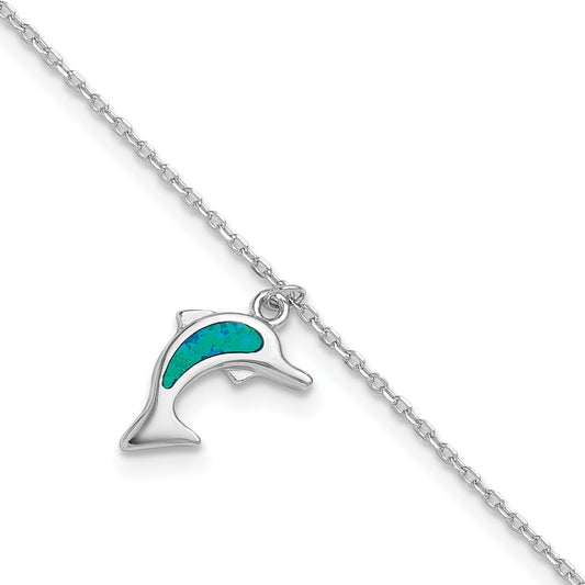 Sterling Silver Rhodium-Plated Created Opal Dolphin 9 Inch With An 1 Extention Anklet