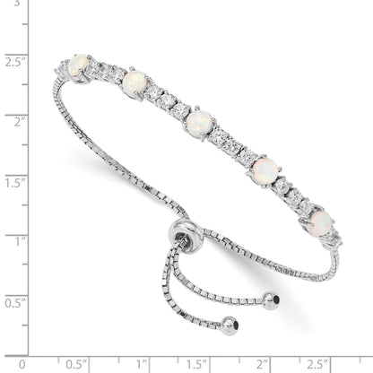 Sterling Silver Rh-Plated Created Opal And Cz Adjustable Bracelet
