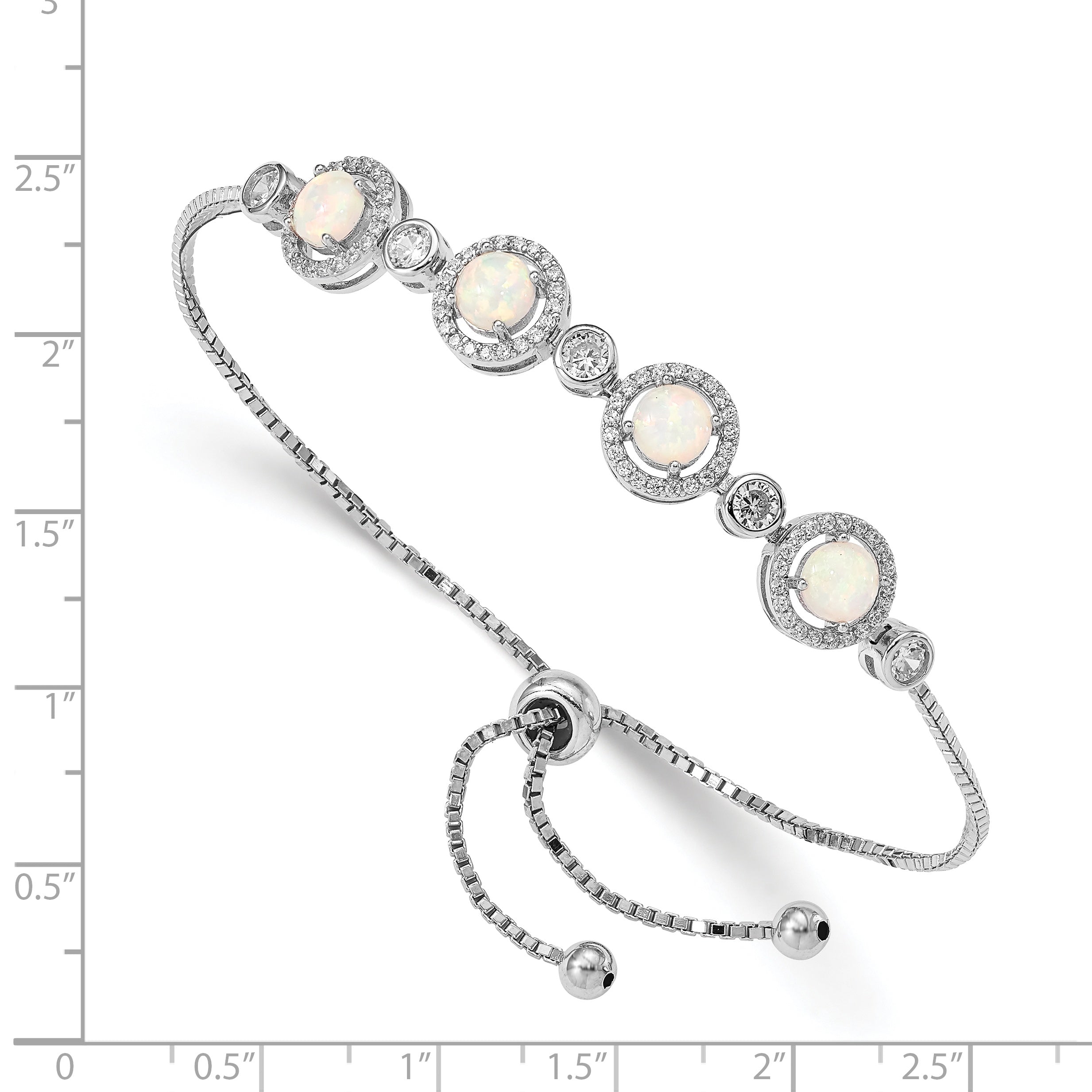 Sterling Silver Rh-Plated Created Opal And Cz Adjustable Bracelet