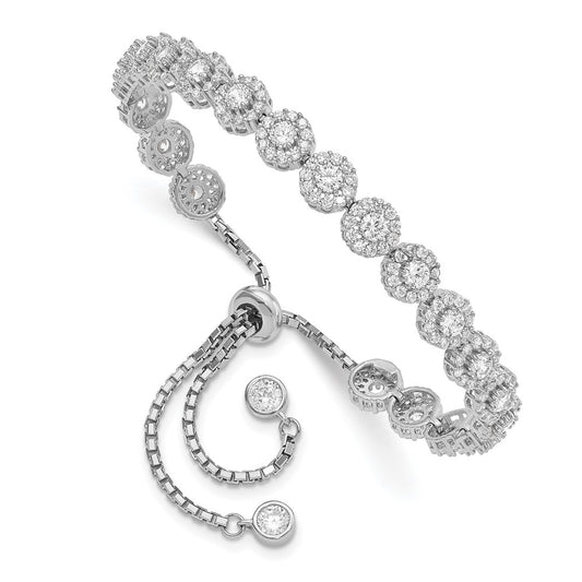 10 Inch Sterling Silver Rhodium-Plated Cz Halo Adjustable Bracelet