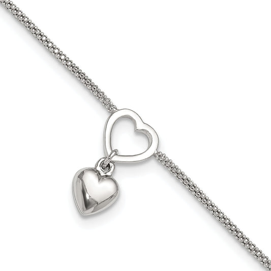 Sterling Silver Rhodium-Plated Heart Dangle Charm 9In W/1In Ext Anklet