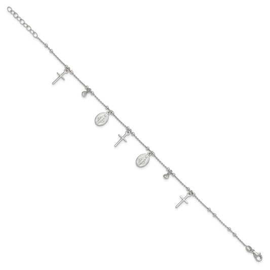 Sterling Silver Rhodium-Plated Cz Cross And Mary Charm 9In W/1In Ext Anklet