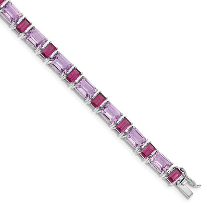 7.5 Inch Sterling Silver Rhodium-Plated Amethyst And Rhodolite Bracelet