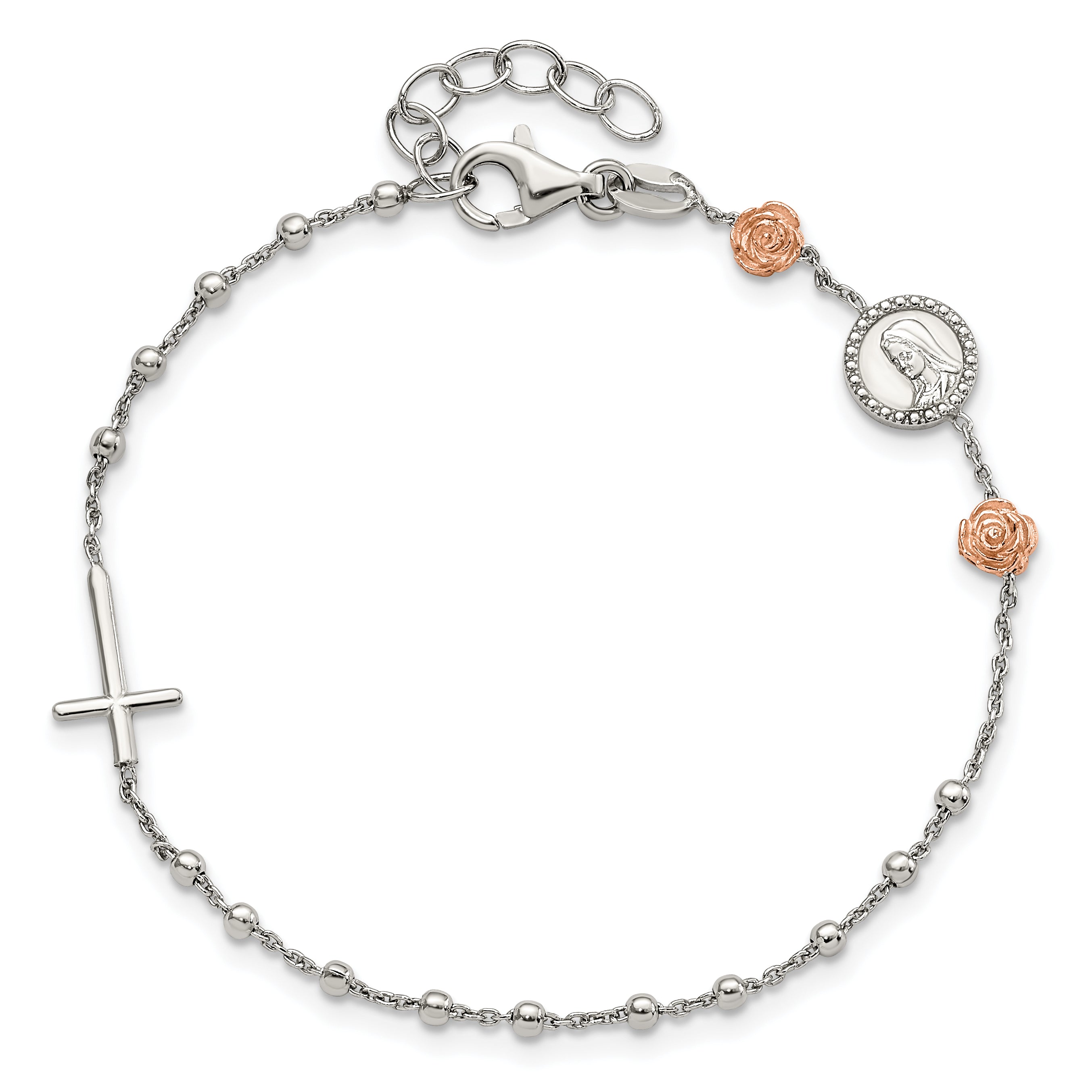 Sterling Silver Beaded With Rose-Tone Roses Religious 7 Inch Bracelet With1 Extension