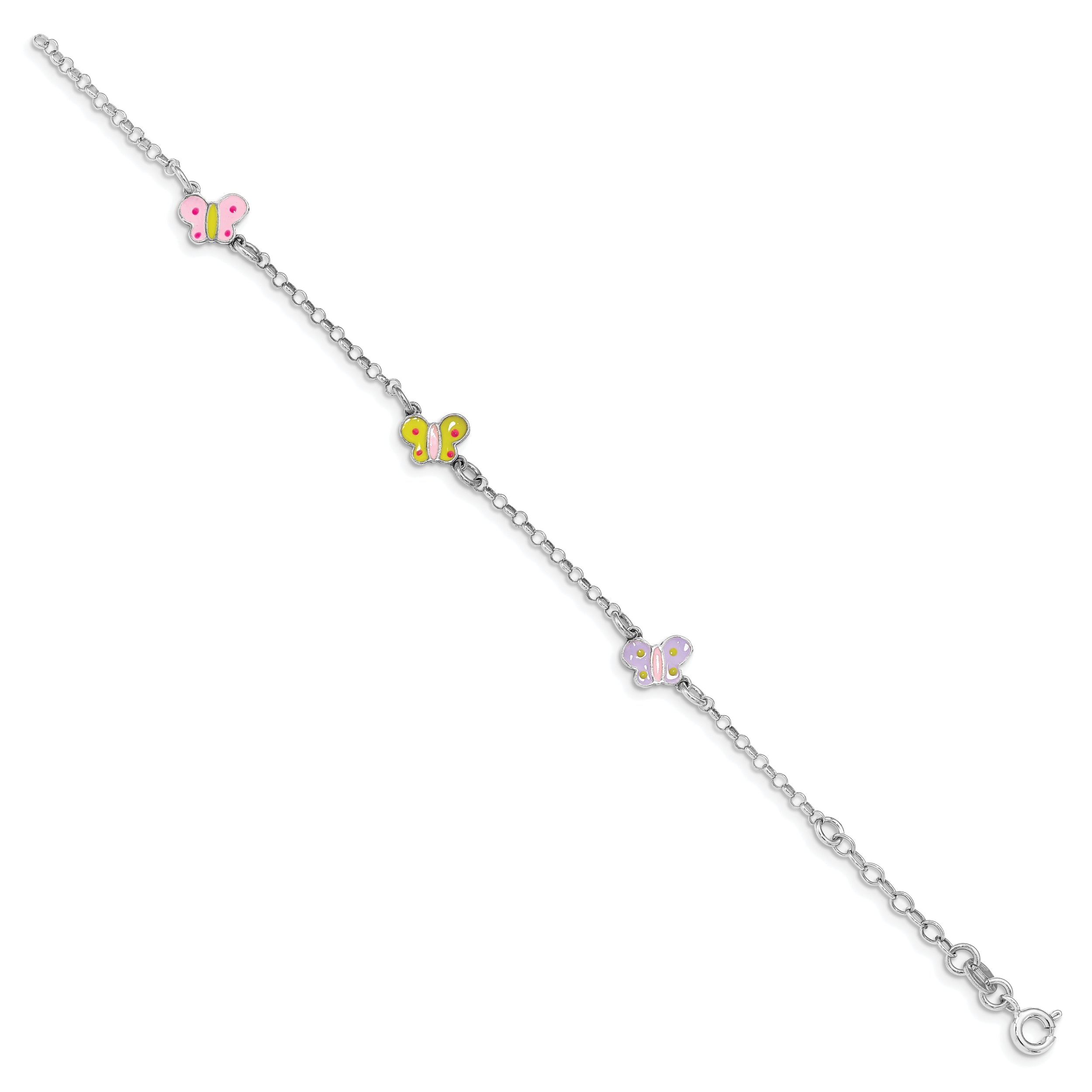7 Inch Sterling Silver Rhodium-Plated Polished Multi-Color Enameled Butterflies Children'S Bracelet