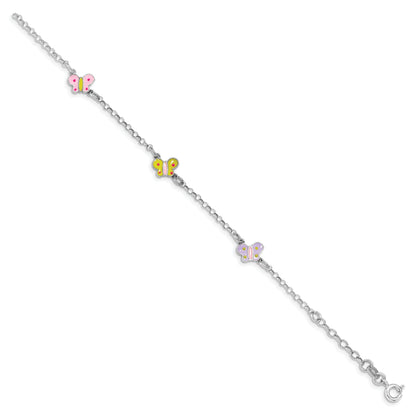 7 Inch Sterling Silver Rhodium-Plated Polished Multi-Color Enameled Butterflies Children'S Bracelet
