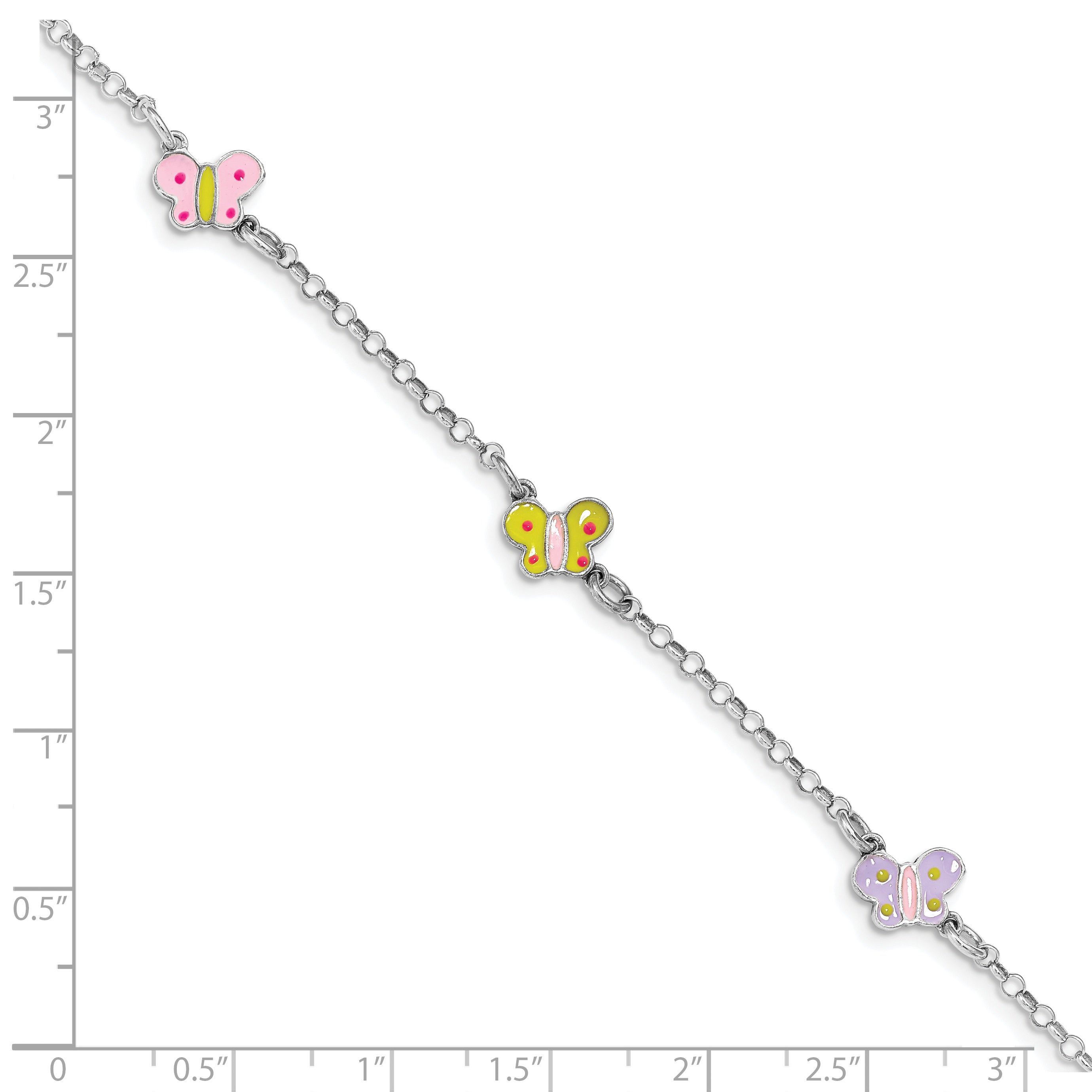 7 Inch Sterling Silver Rhodium-Plated Polished Multi-Color Enameled Butterflies Children'S Bracelet