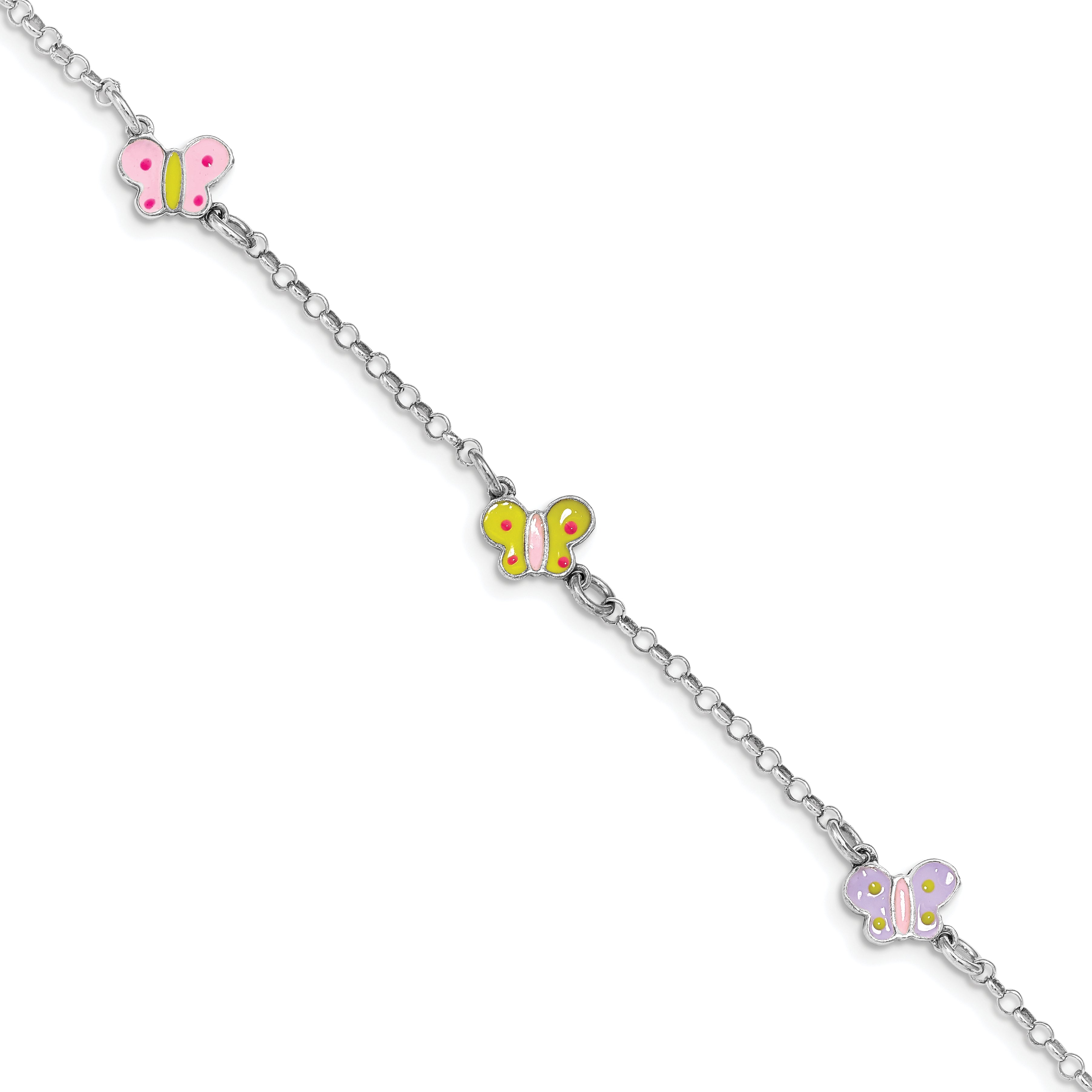7 Inch Sterling Silver Rhodium-Plated Polished Multi-Color Enameled Butterflies Children'S Bracelet