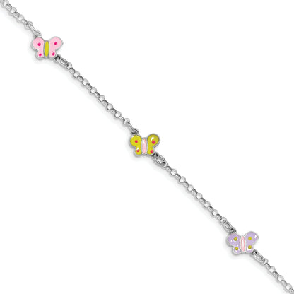 7 Inch Sterling Silver Rhodium-Plated Polished Multi-Color Enameled Butterflies Children'S Bracelet