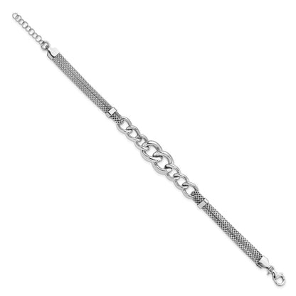 7 Inch Sterling Silver Rhodium-Plated Fancy Chain W/1In Ext. 2-Strand Bracelet