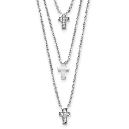 Sterling Silver Rh-Plated Three Strand Cz Cross Necklace