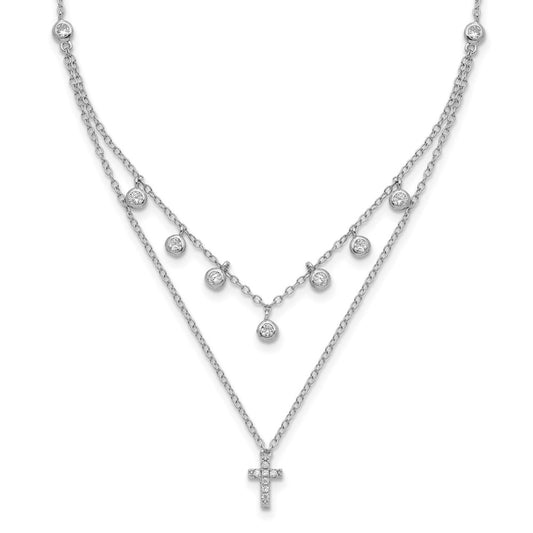 Sterling Silver Rhodium-Plated Cz Cross W/ 2In Ext. Necklace